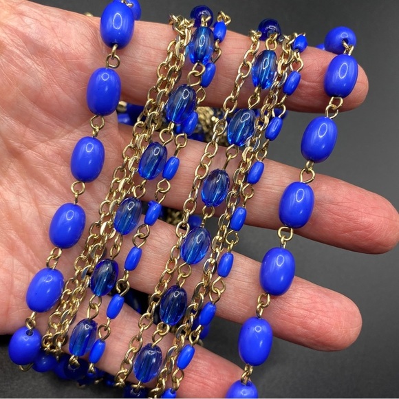 Cobalt Blue Acrylic Beads & Gold Chain Long Necklace - Picture 2 of 9